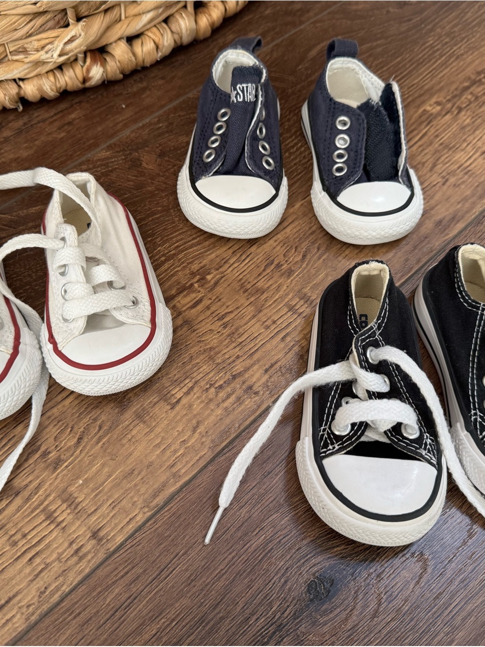 Baby White, Navy & Black Canvas Slip-On and Lace-Up Converse